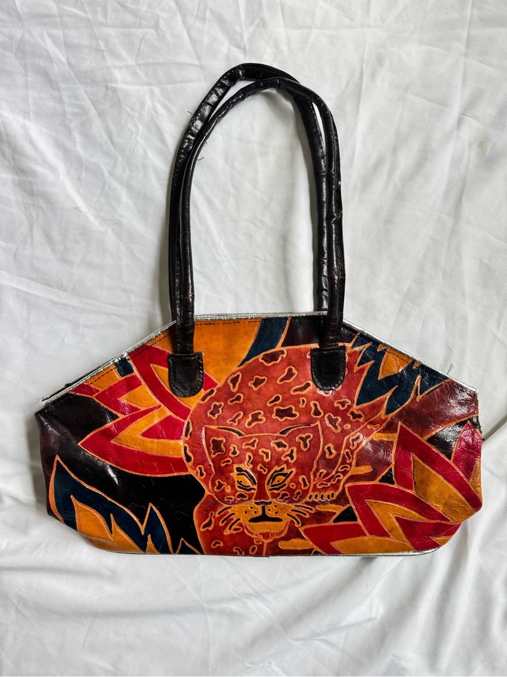 90s Rare Unique Leather Leopard Print Shoulder Bag